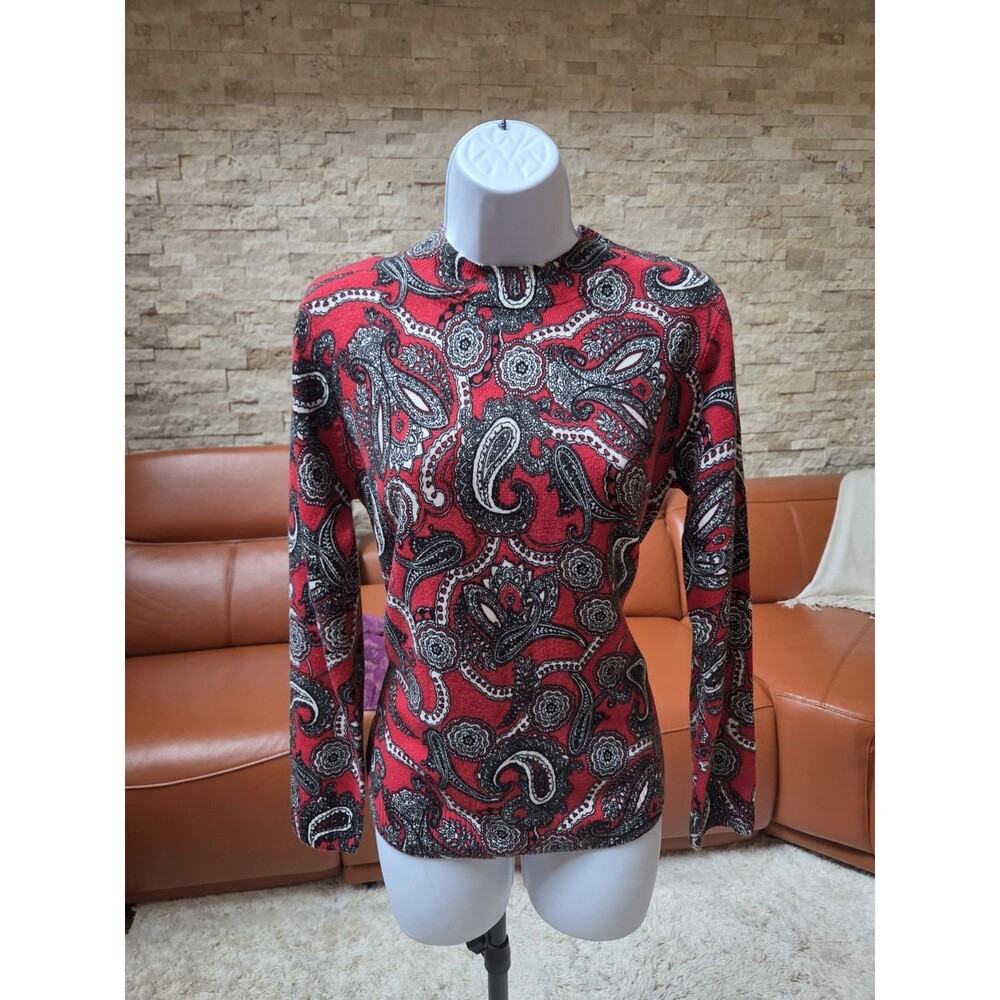 Kim Rodgers Petite Medium Top Red Long Sleeve Paisley Neck Zip Dark Romantic